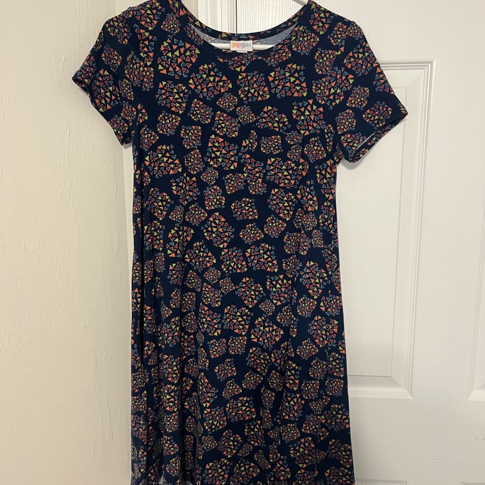 LuLaRoe Blue A-line Midi Dress with Short Sleeves and Crew Neck